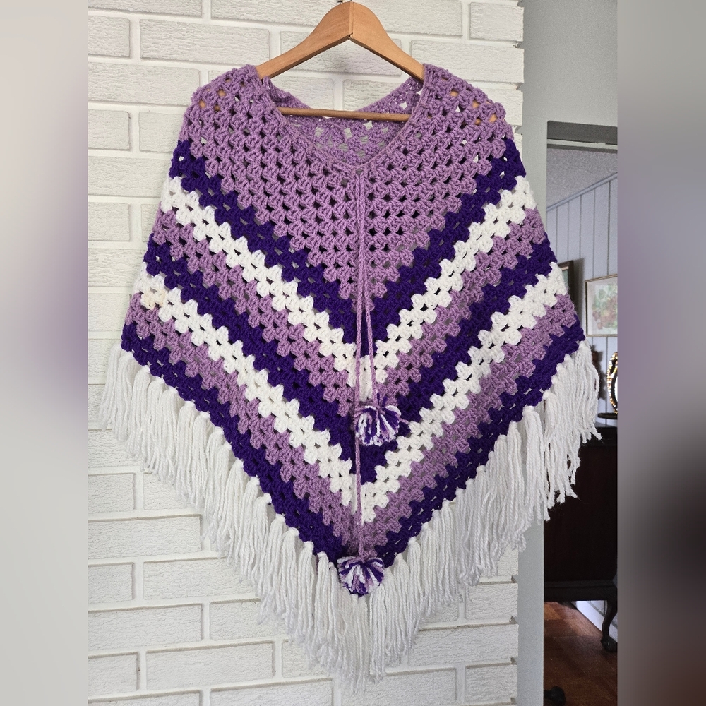 Vintage Homemade Purple and White Crochet Poncho, ADORABLE!!!